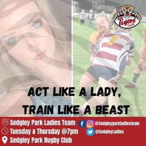 Sedgley Park Ladies stood together under the rugby posts on the pitch
